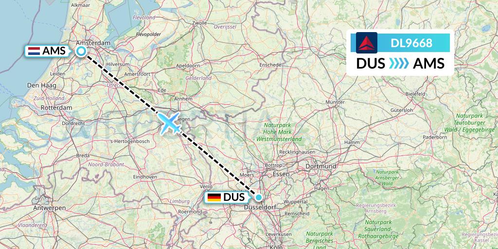 DL9668 Delta Air Lines Flight Map: Dusseldorf to Amsterdam