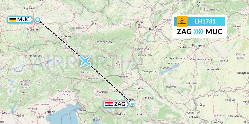 LH1731 Lufthansa Flight Map: Zagreb to Munich