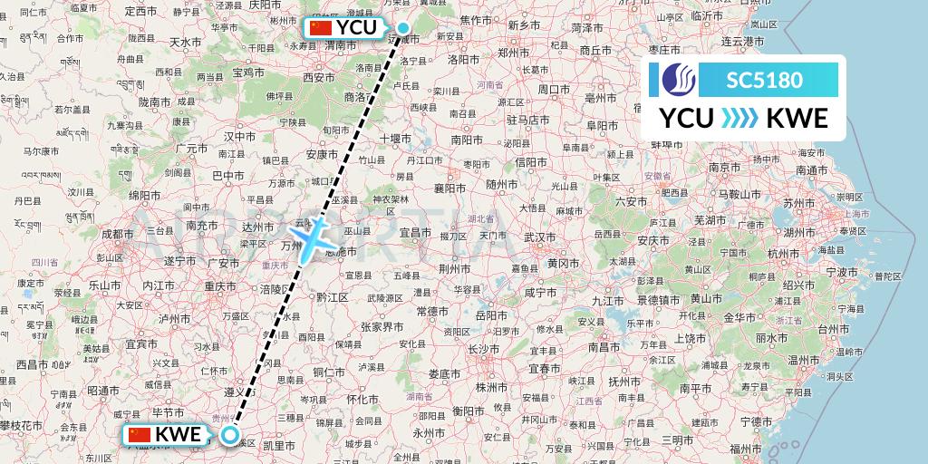 SC5180 Shandong Airlines Flight Map: Yuncheng to Guiyang