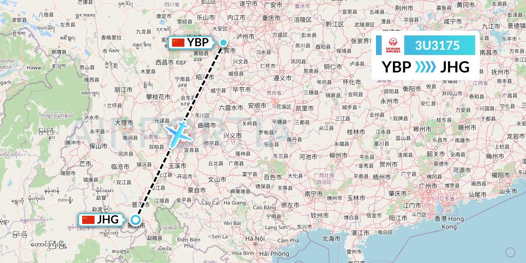 3U3175 Sichuan Airlines Flight Map: Yibin to Jinghong