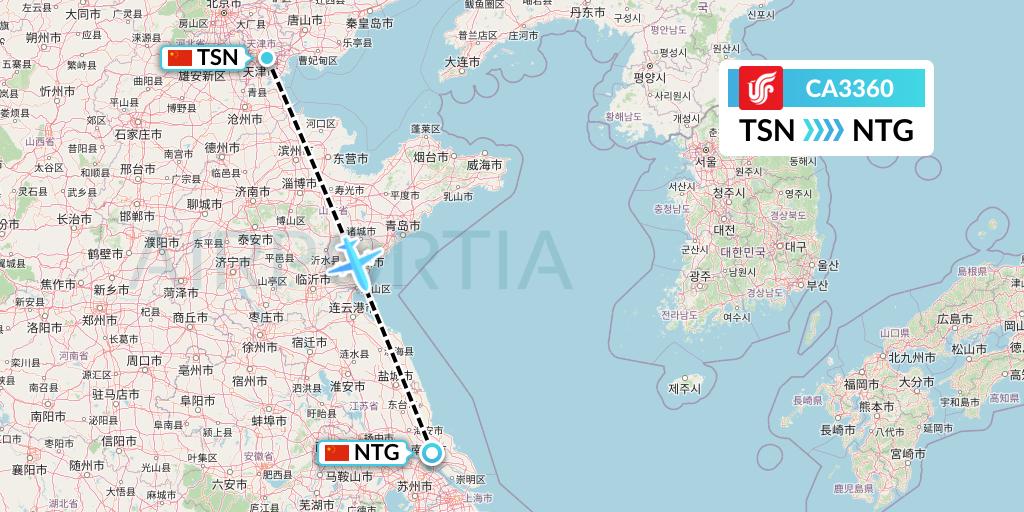 CA3360 Air China Flight Map: Tianjin to Nantong