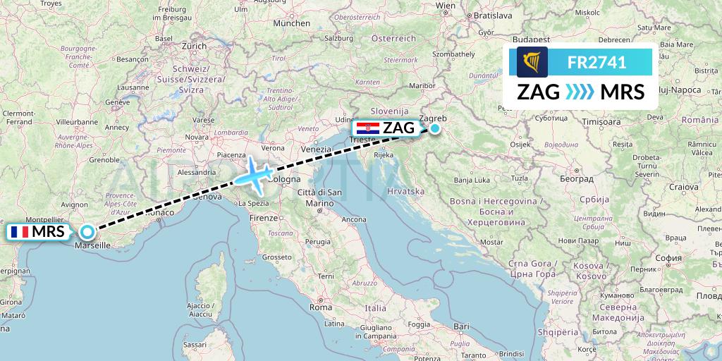 FR2741 Ryanair Flight Map: Zagreb to Marseille