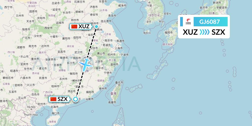 GJ6087 Loong Airlines Flight Map: Xuzhou to Shenzhen