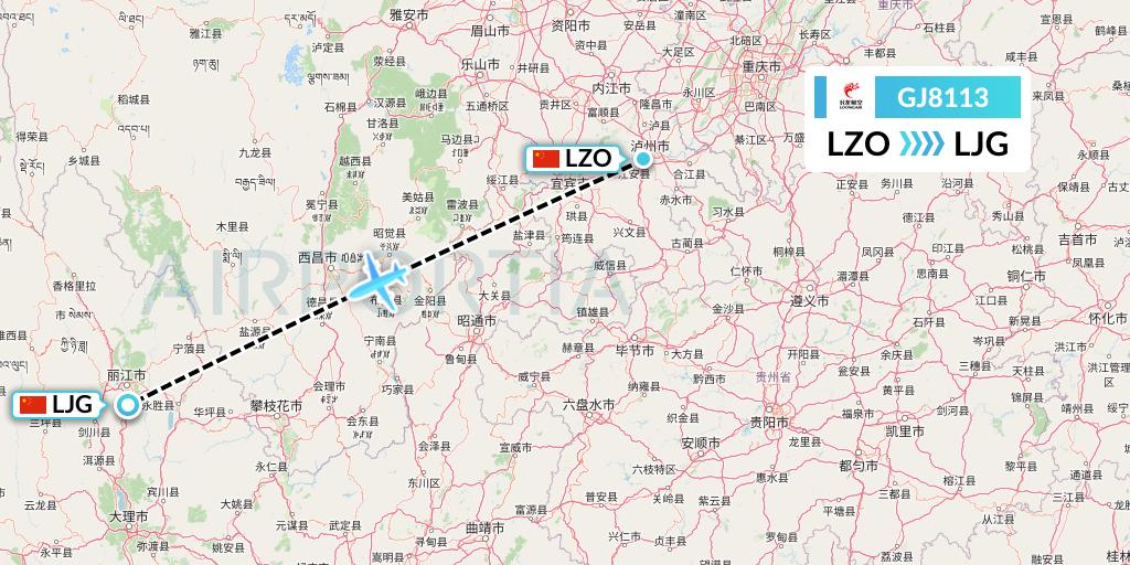 GJ8113 Loong Airlines Flight Map: Luzhou to Lijiang