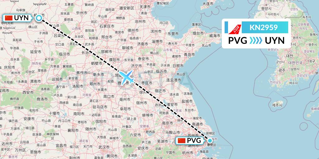 KN2959 China United Airlines Flight Map: Shanghai to Yulin