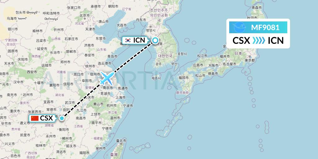 MF9081 Xiamen Airlines Flight Map: Changsha to Seoul