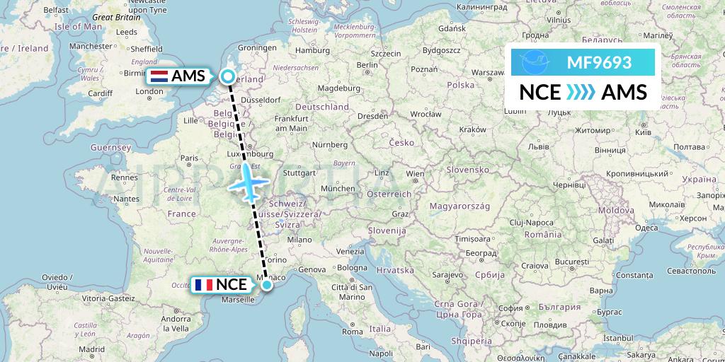 MF9693 Xiamen Airlines Flight Map: Nice to Amsterdam