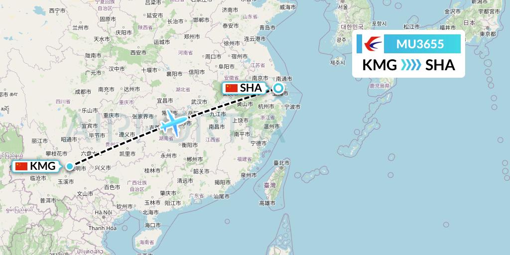 MU3655 China Eastern Airlines Flight Map: Kunming to Shanghai