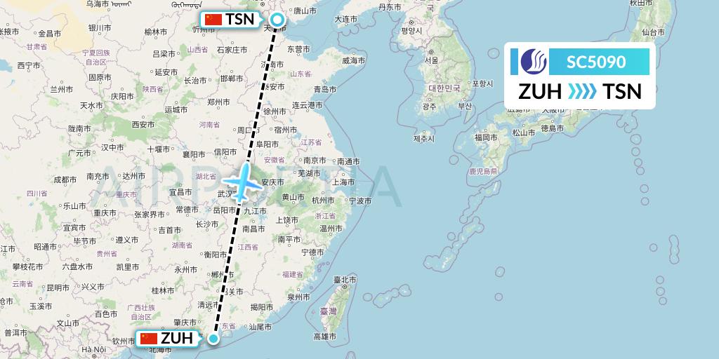 SC5090 Shandong Airlines Flight Map: Zhuhai to Tianjin