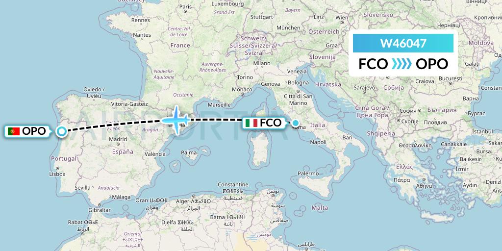W46047 Wizz Air Malta Flight Map: Rome to Porto