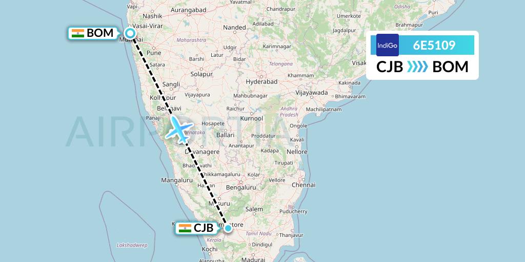 6E5109 IndiGo Airlines Flight Map: Coimbatore to Mumbai