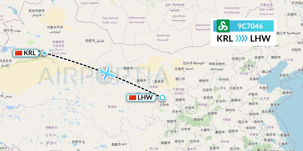 9C7046 Spring Airlines Flight Map: Korla to Lanzhou