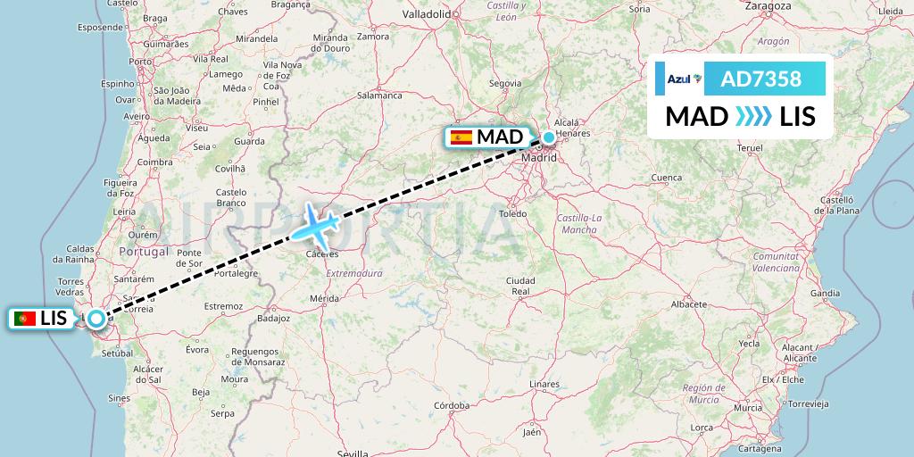 AD7358 Azul Brazilian Airlines Flight Map: Madrid to Lisbon