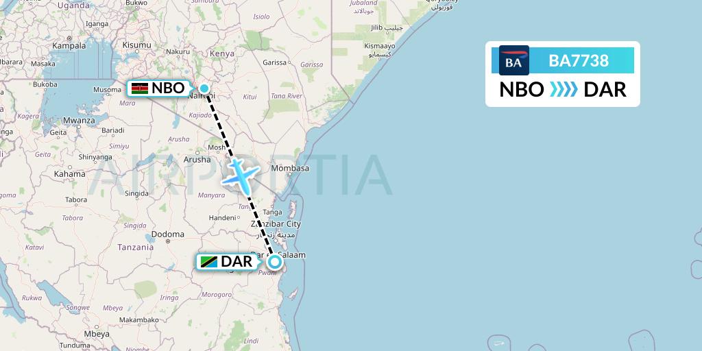 BA7738 British Airways Flight Map: Nairobi to Dar-es-Salaam