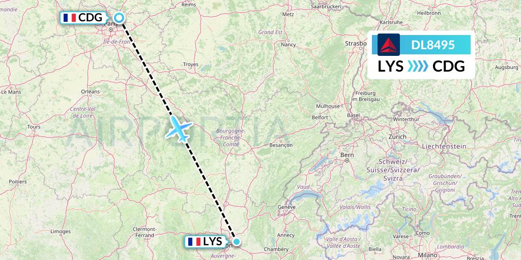 DL8495 Delta Air Lines Flight Map: Lyon to Paris