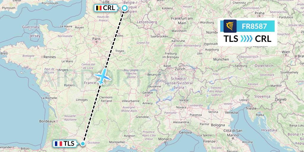 FR8587 Ryanair Flight Map: Toulouse to Brussels
