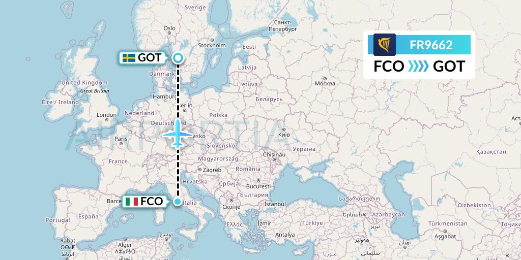 FR9662 Ryanair Flight Map: Rome to Gothenburg