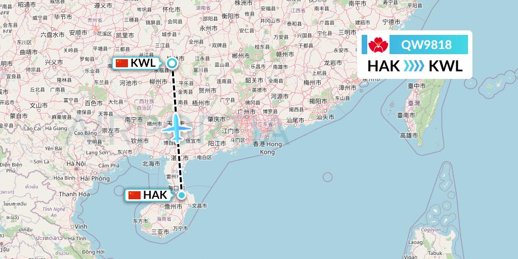 QW9818 Qingdao Airlines Flight Map: Haikou to Guilin