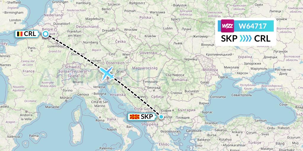 W64717 Wizz Air Flight Map: Skopje to Brussels