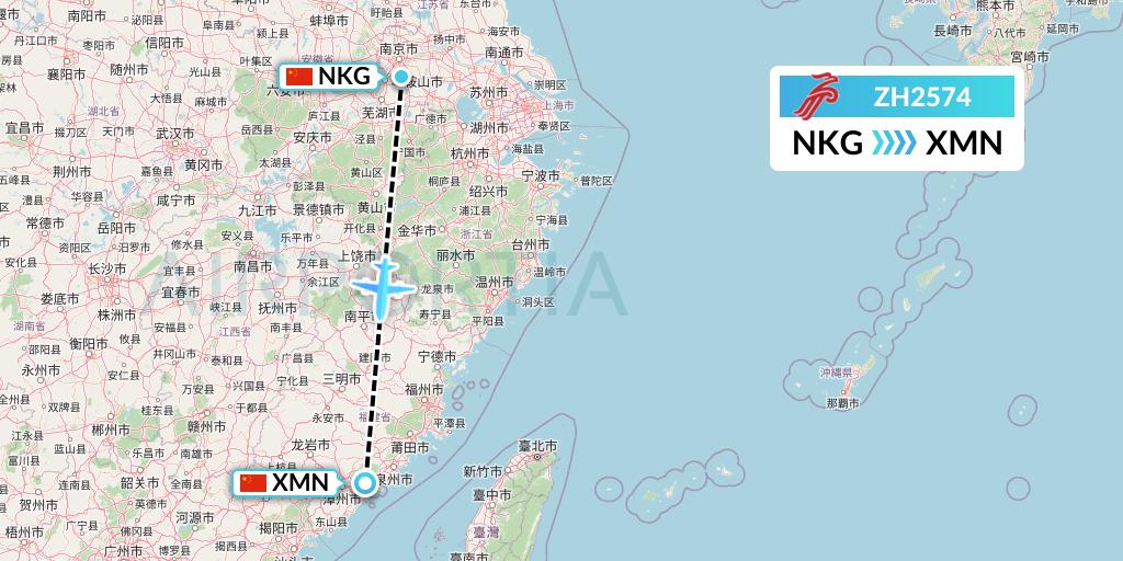 ZH2574 Shenzhen Airlines Flight Map: Nanjing to Xiamen