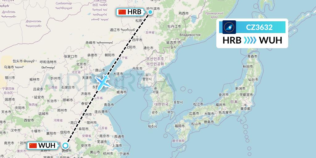 CZ3632 China Southern Airlines Flight Map: Harbin to Wuhan