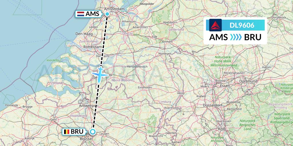 DL9606 Delta Air Lines Flight Map: Amsterdam to Brussels