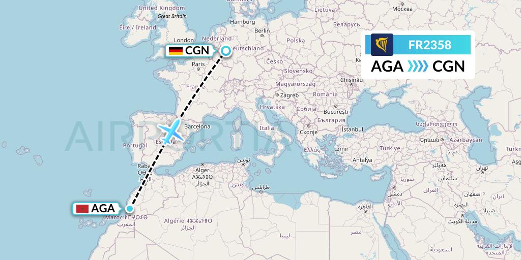 FR2358 Ryanair Flight Map: Agadir to Cologne