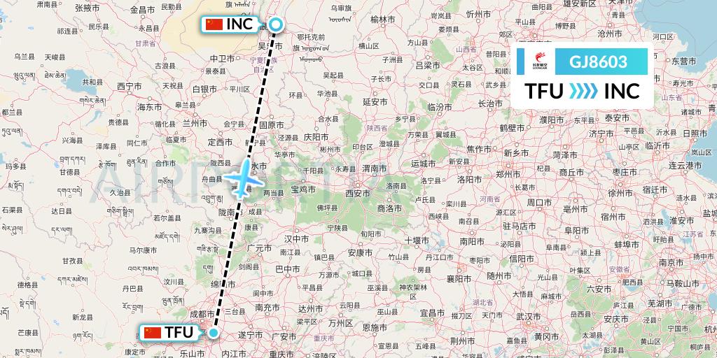 GJ8603 Loong Airlines Flight Map: Chengdu to Yinchuan