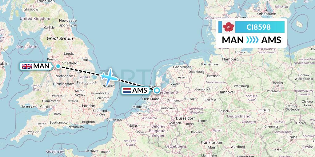 CI8598 China Airlines Flight Map: Manchester to Amsterdam