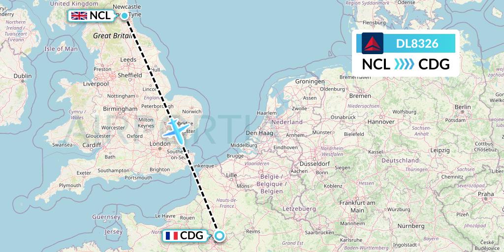 DL8326 Delta Air Lines Flight Map: Newcastle to Paris