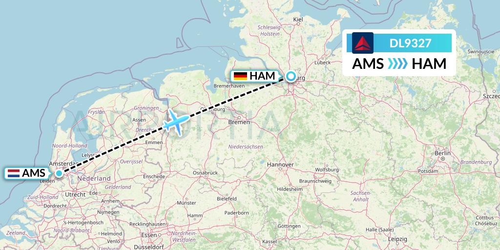 DL9327 Delta Air Lines Flight Map: Amsterdam to Hamburg