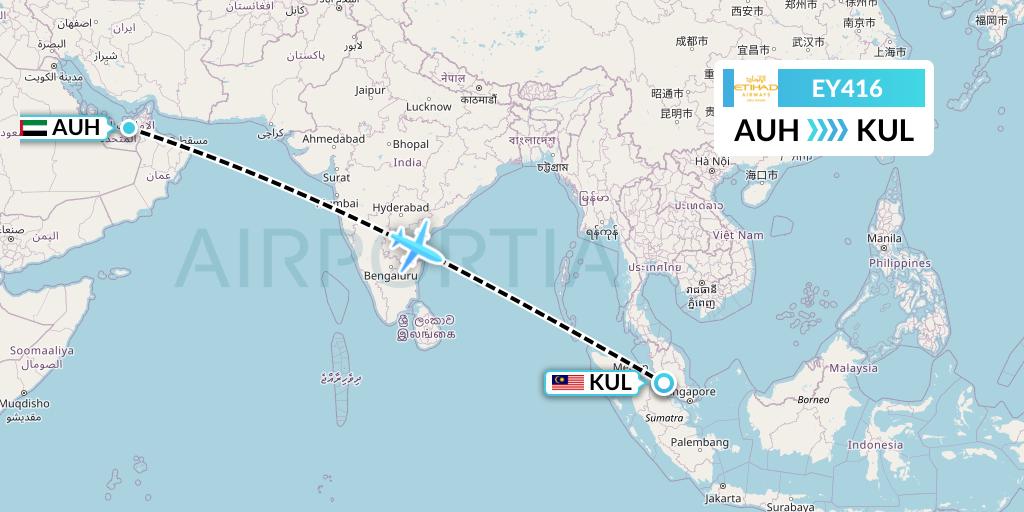 EY416 Etihad Airways Flight Map: Abu Dhabi to Kuala Lumpur