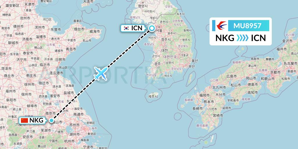 MU8957 China Eastern Airlines Flight Map: Nanjing to Seoul