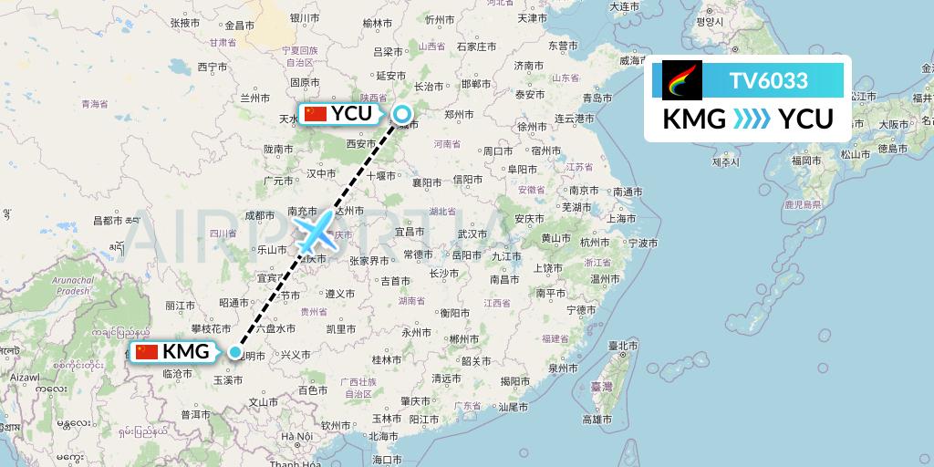 TV6033 Tibet Airlines Flight Map: Kunming to Yuncheng