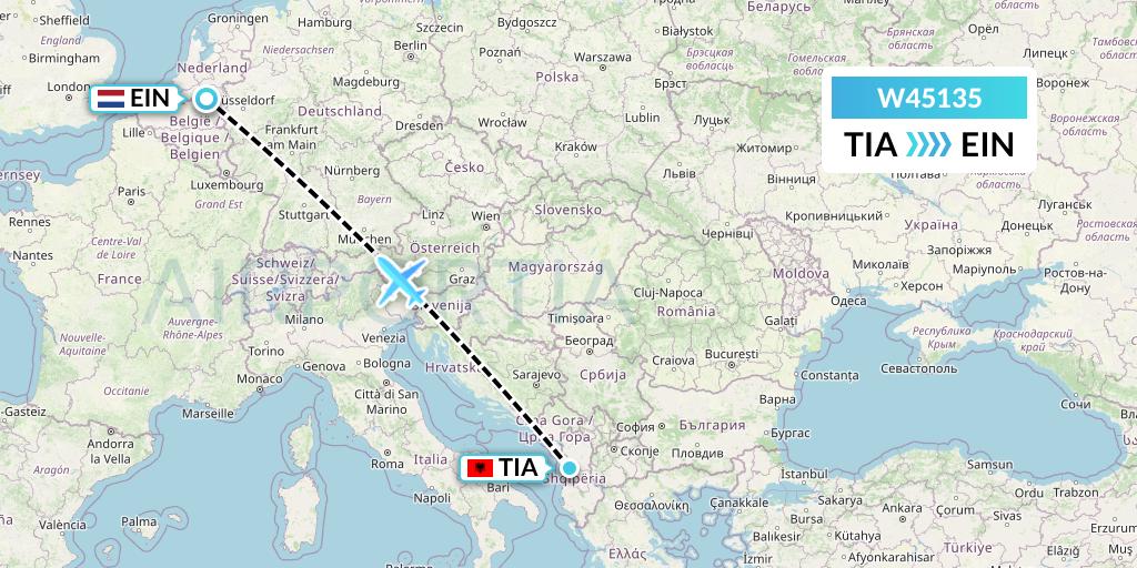 W45135 Wizz Air Malta Flight Map: Tirana to Eindhoven