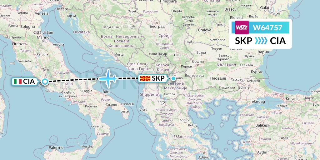 W64757 Wizz Air Flight Map: Skopje to Rome