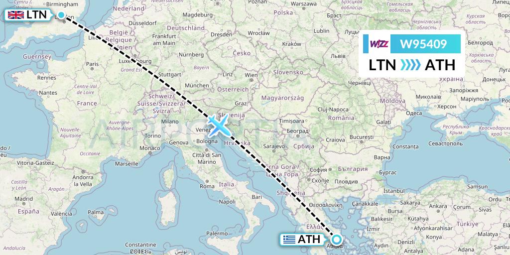W95409 Wizz Air UK Flight Map: London to Athens