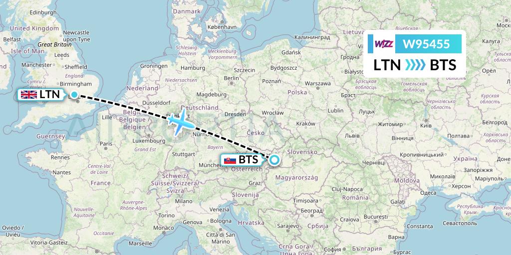 W95455 Wizz Air UK Flight Map: London to Bratislava