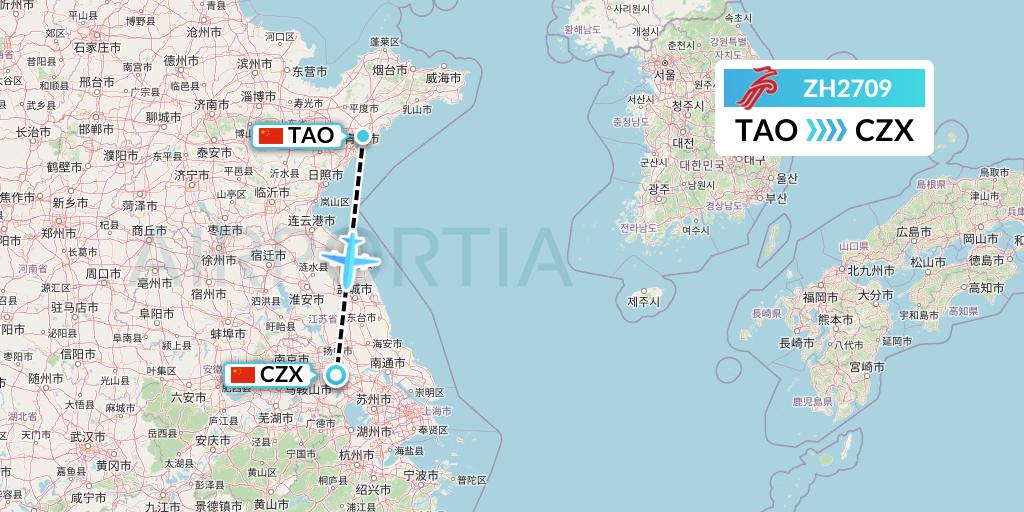 ZH2709 Shenzhen Airlines Flight Map: Qingdao to Changzhou
