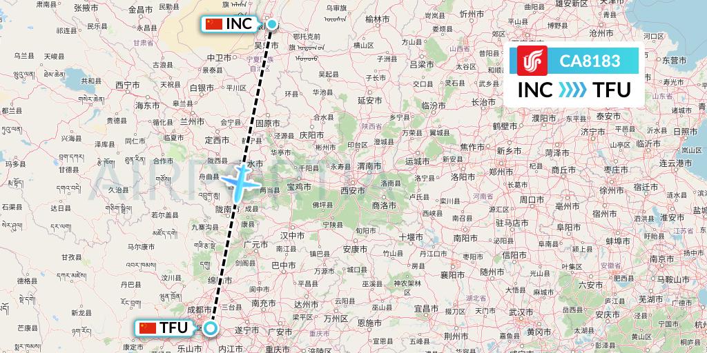 CA8183 Air China Flight Map: Yinchuan to Chengdu
