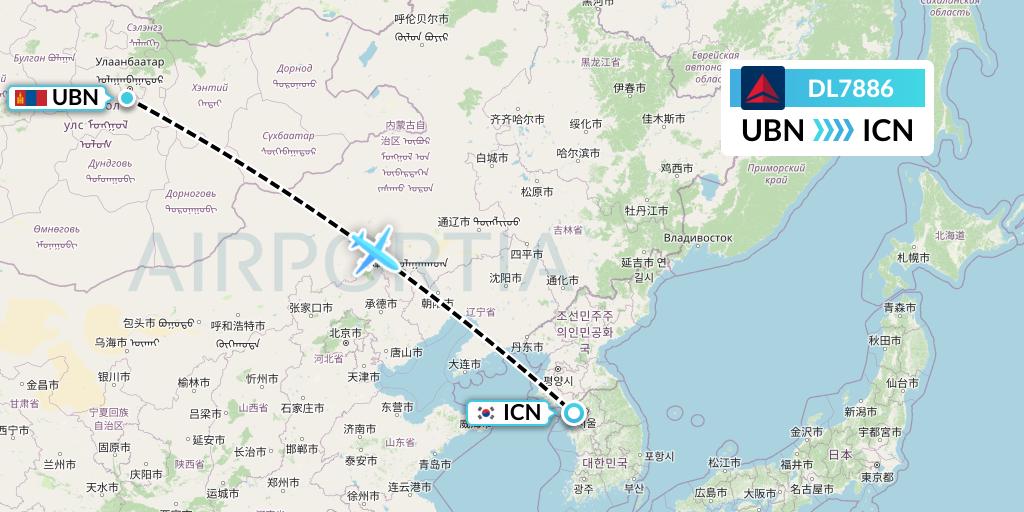 DL7886 Delta Air Lines Flight Map: Ulan Bator to Seoul