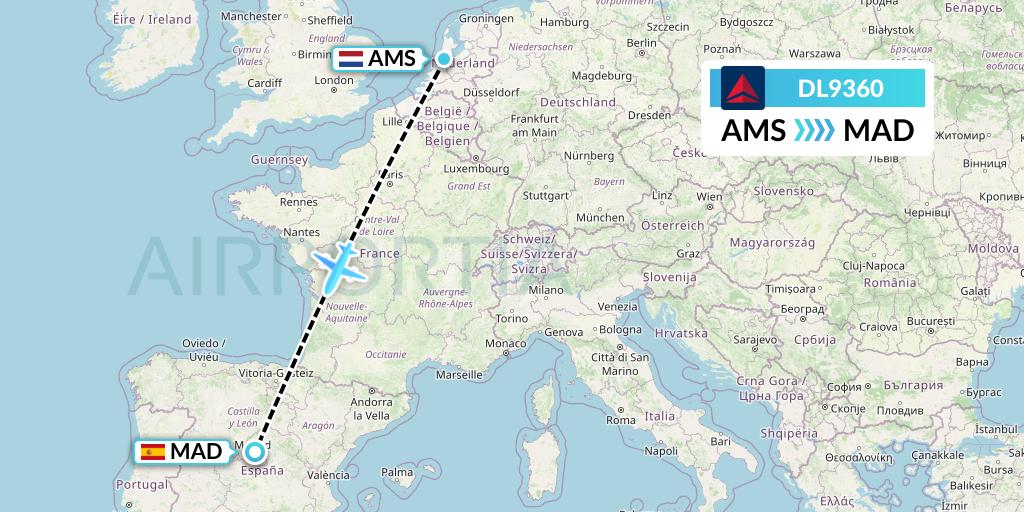 DL9360 Delta Air Lines Flight Map: Amsterdam to Madrid