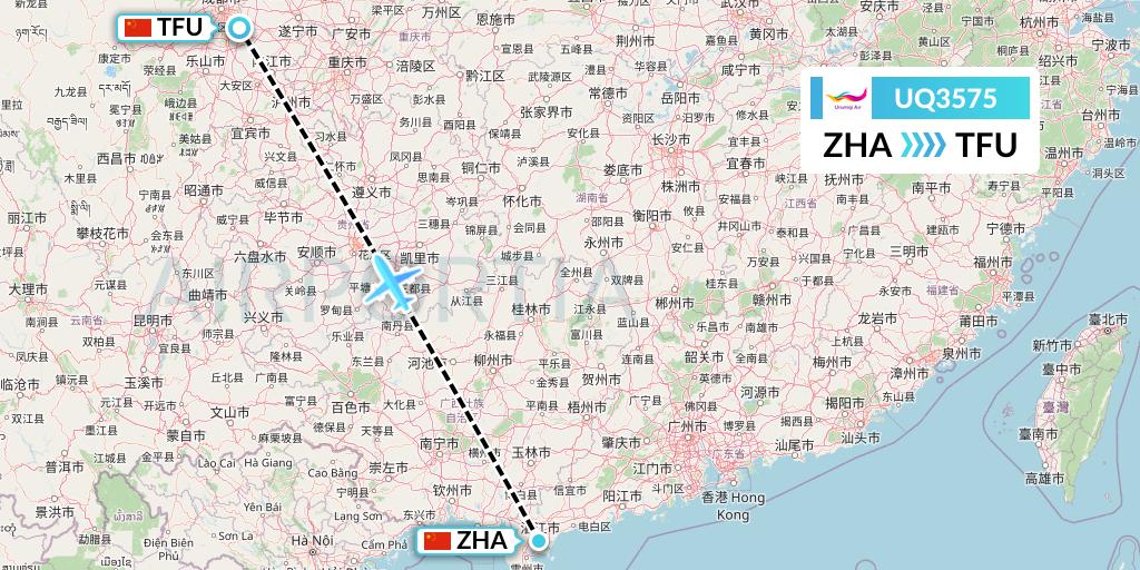 UQ3575 Urumqi Airlines Flight Map: Zhanjiang to Chengdu