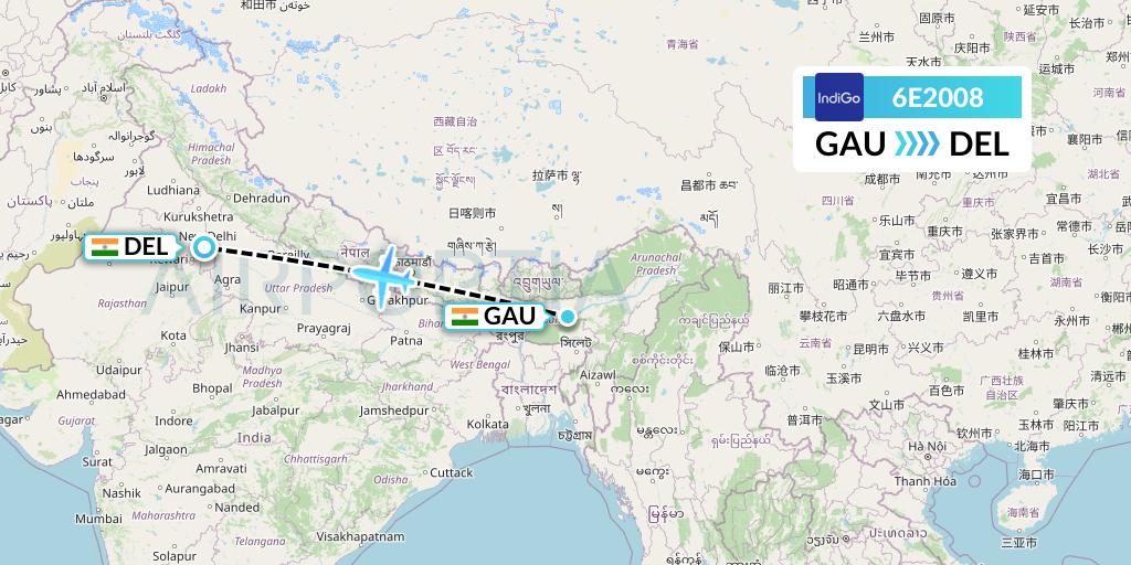 6E2008 IndiGo Airlines Flight Map: Guwahati to Delhi