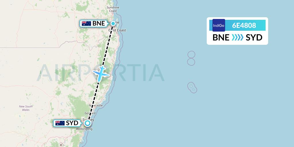 6E4808 IndiGo Airlines Flight Map: Brisbane to Sydney