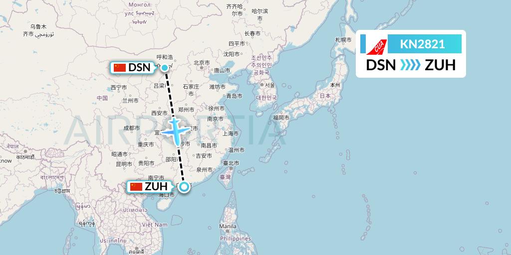 KN2821 China United Airlines Flight Map: Dongsheng to Zhuhai