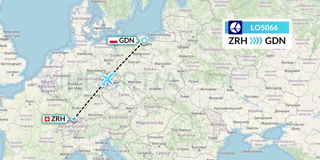 LO5066 LOT Flight Map: Zurich to Gdansk