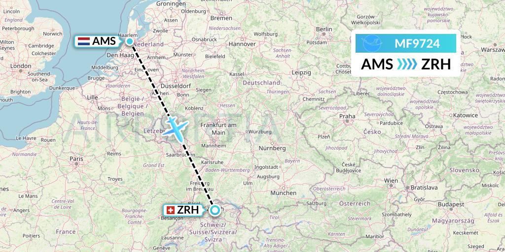 MF9724 Xiamen Airlines Flight Map: Amsterdam to Zurich