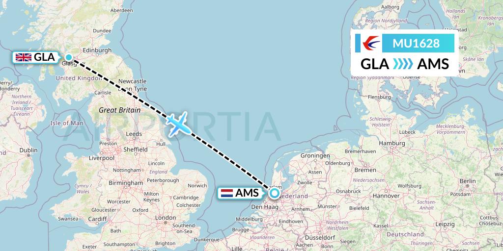 MU1628 China Eastern Airlines Flight Map: Glasgow to Amsterdam