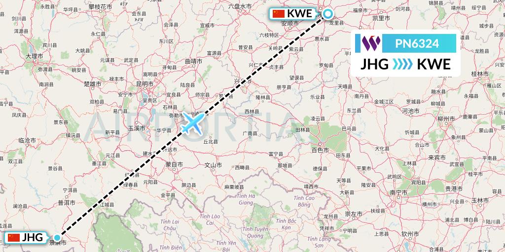 PN6324 China West Air Flight Map: Jinghong to Guiyang